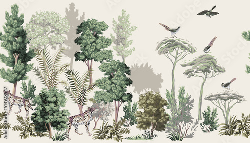 Forest vintage botanical landscape, leopard, bird, trees, bush floral seamless border. Nature mural.