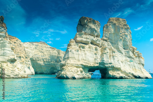 Amazing white cliffs and crystal clear water in Kleftiko Bay, Milos Island, Greece