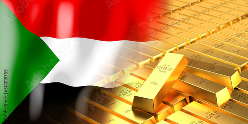 Sudan flag and gold ingots - 3D illustration