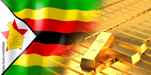Zimbabwe flag and gold ingots - 3D illustration