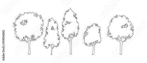 Conjunto de árboles dibujados a mano para diseños arquitectónicos, decoraciones en secciones y paisajismo. Diseño de árbol tipo boceto de silueta en blanco y negro.