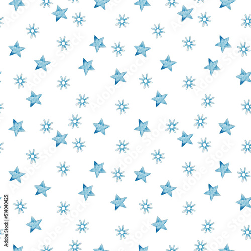 Watercolor stars seamless pattern. Blue stars kids wallpaper design. Starred sky