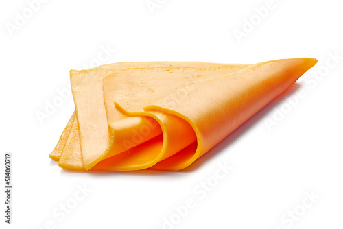 Three slices of red cheddar cheese on white background