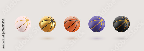 3d vector colorful basket balls isolated design elements. Basketball trend color pink, golden, black, violet and orange sport balls collection on light background