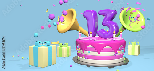 Pink birthday cake with thick purple number 13 surrounded by gift boxes with horns ejecting confetti on pastel blue background. 3D Illustration