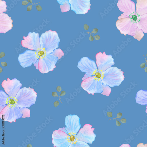 Blue poppy flowers and eucalyptus twigs seamless watercolor pattern. Hand drawn summer endless background. For textiles and wallpapers. 