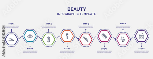 infographic template with icons and 8 options or steps. infographic for beauty concept. included straight razor, barber shop, tint brush, curler, comb, aroma, moisturizer icons.