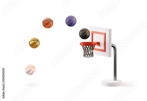 Colorful basketballs collection shot to hoop vector illustration on the white background. Sport color balls isolated design elements.