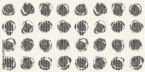 Seamless abstract african safari zebra and tiger stripes kintsugi background pattern. Contemporary geometric tribal polka dot circle motif ripped fabric collage in navy, beige, brown, and white..