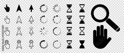 Mouse Pointer, Loading Process, Time Hour Glass, Business Icons Set - Different Flat Vector Illustrations Isolated On Transparent Background
