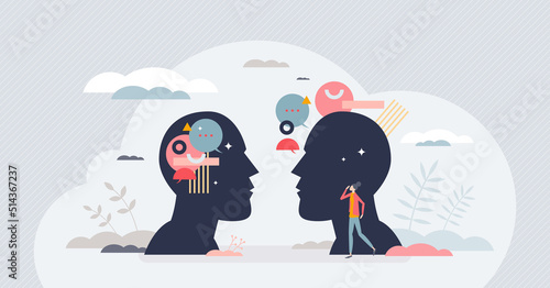 Introversion and extroversion human personality types tiny person concept. Different character social individuality with feelings and emotions expression or holding them inside vector illustration.