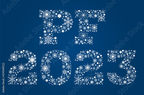 Inscription PF 2023 from white snowflakes on blue background