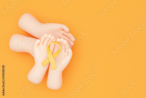 Yellow ribbon in hand International Childhood Cancer Day background banner cartoon 3d illustration