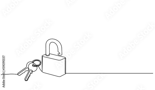 Continuous one line drawing of a lock and padlock. Lock and padlock icon. Real estate concept, success, solution, opportunity and security concept in doodle style.