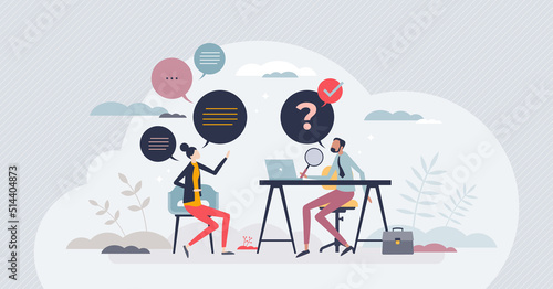 Job interview as human resources talking to candidate tiny person concept. HR communication to find best employee and applicant vector illustration. Questions about career experience and work skills.