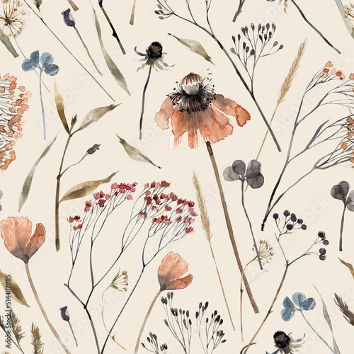 Dry poppies, herbs and berries, herbarium seamless pattern with watercolor illustrations in vintage style. Delicate dried flowers and leaves background.