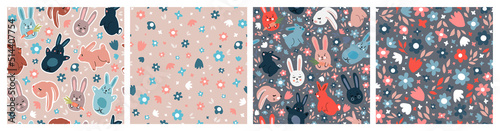 Set of seamless patterns of flowers and rabbits. Cute baby illustrations.