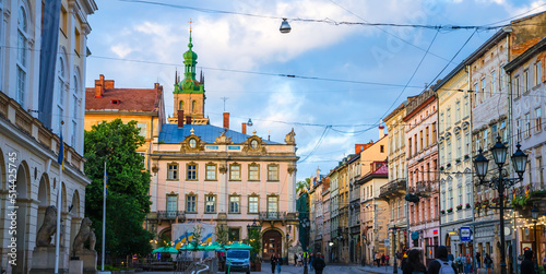 Beautiful sunset in old city center of Lviv, Ukraine