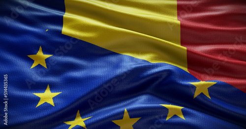 Romania and European Union flag background. Relationship between country government and EU. 3D illustration