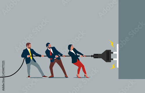 Groups of people pulling for the electricity cord, in tug of war play. Struggling team competing with each other. Vector illustration for game, contest, competition, confrontation.