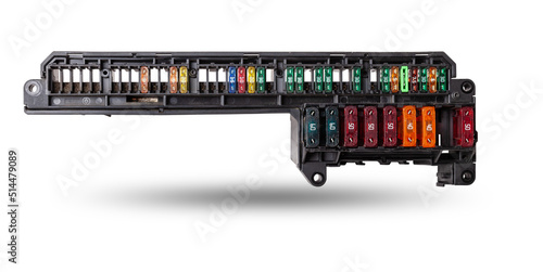 Automotive fuses box in different colors and each color is responsible for the specific value of the protection defined in amperes. Catalog of spare parts.