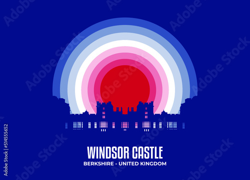 Windsor castle illustration. Moonlight symbol of famous statue and building in United States. Color tone based on official country flag. Vector eps 10.