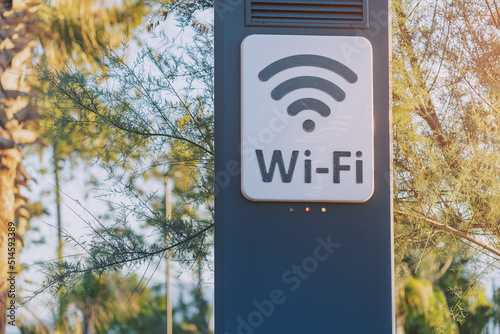 Wi-fi access point for wireless connection and digital communication in city park. Modern technology for lifestyle convenience