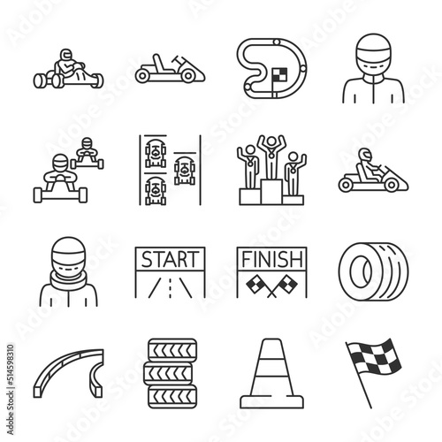 Karting icons set. Kart racing, linear icon collection. Road racing on go-karts, shifter karts. Attributes. Line with editable stroke