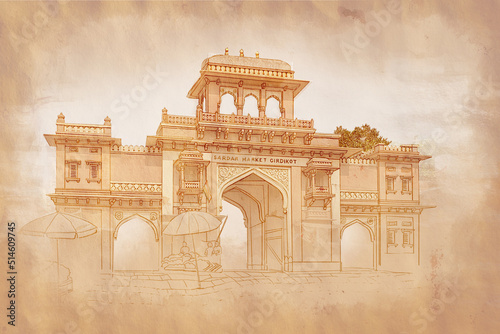 Clock tower Sardar Market gate Jodhpur Mehrangarh fort, Rajasthan, India. Artistic travel sketch. Hand drawn postcard, poster, book illustration 