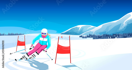 Advanced skier slides near mountain downhill. Sports descent on skis in mountains hills. Winter activity. Skiing in winter Alps. Winter sport resort with mountain landscape. Vector illustration
