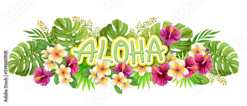 Aloha Hawaii greeting. Hand drawn watercolor painting with Chinese Hibiscus rose flowers and palm leaf isolated on white background. Tropical floral summer ornament. Design element.