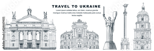 Travel to Ukraine hand drawn landmarks design elements. Vector sketch illustration. Famous symbols on white background