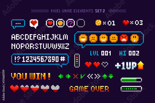 8-bit Pixel Arcade game elements with icons, signs, navigation buttons and font alphabet. loading bar. Heart and energy power scale. Retro video game menu elements in 80s - 90s style. Vector template