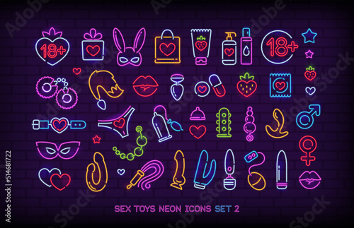 Sex Shop Toys and icons in colorful Neon light style . Adult store logo with BDSM roleplay icon set. Vector sex toys collection in fluorescent Neon lamp style . Editable illustration 