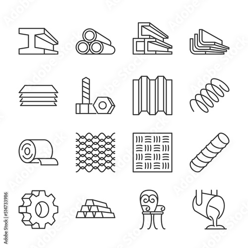 Metal products icons set. Fabrication of metal raw materials, parts, linear icon collection. T-beam, tube, channel, angle, hardware, bending, spring, mesh, metal bar, gear, casting. Line with editable