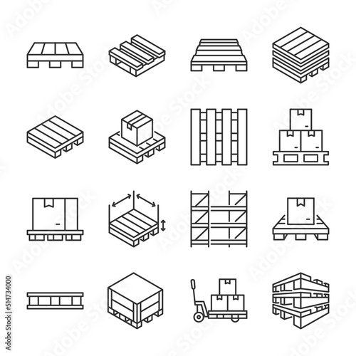 Pallet icons set. Storage pallets for companies and industrial production, storage systems. Line with editable stroke