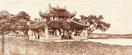 Vietnam Shrine by the lake Portrait from French Indo-China 5 Piastre 1942 Banknotes.