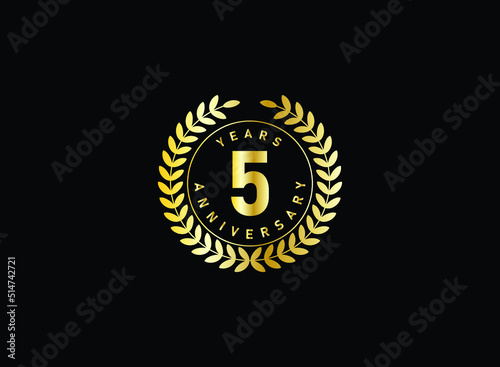 5th anniversary celebration with gold glitter color and white background. Vector design for celebrations, invitation cards and greeting cards.