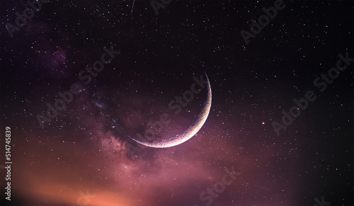 sunset light moon on blue starry cloudy sky nebula cosmic planet universe
