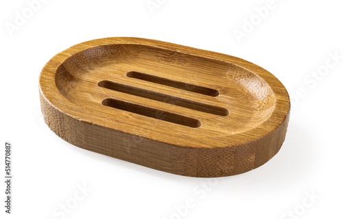 Wooden soap dish isolated on a white background. Empty rounded bamboo soap holder cutout. Eco-friendly bathroom accessories. Plastic free lifestyle. Living green concept.