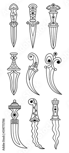 Vector set of nine contour drawings of ornamented fantasy daggers with inlay and decorations. Medieval style knives. Graphic illustration for logo, card, poster, banner.