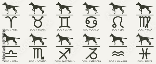 Icons chinese horoscope dog with zodiac Vector Year of the dog Animal icons eastern annual horoscope and zodiac signs in one symbol 2030 2042 2054 2066 years