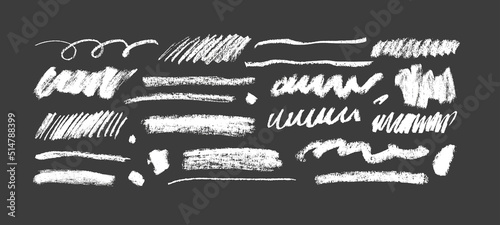 Chalk pencil lines and squiggles, wide strokes, hatching. Scribble white strokes vector set. Hand drawn charcoal scribbles. White pencil sketches, drawings. Scrawl elements isolated on dark background