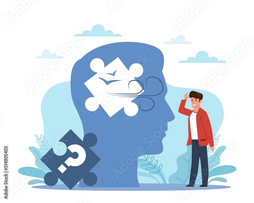 Problem memory loss. Clouding of the mind, amnesia or dementia problems, puzzle piece in man head, lose jigsaw part of brain, fogginess patient, mental heath vector cartoon flat concept