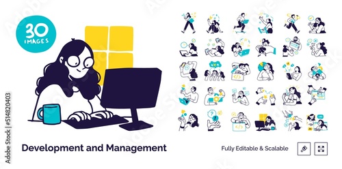 Business Development and Management illustrations. Mega set. Collection of scenes with men and women taking part in business activities. Trendy vector style