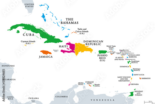 The Caribbean, colored political map. Subregion of the Americas in the Caribbean Sea with its islands and English names. The Greater Antilles and the Lesser Antilles. Isolated illustration over white.