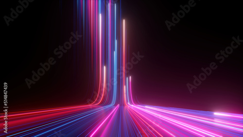 3d rendering, abstract neon background with ascending pink and blue glowing lines. Fantastic wallpaper with colorful laser rays