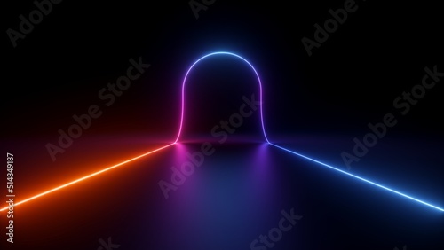 3d render, abstract neon background, curvy line glowing with colorful light in ultraviolet spectrum, round arch