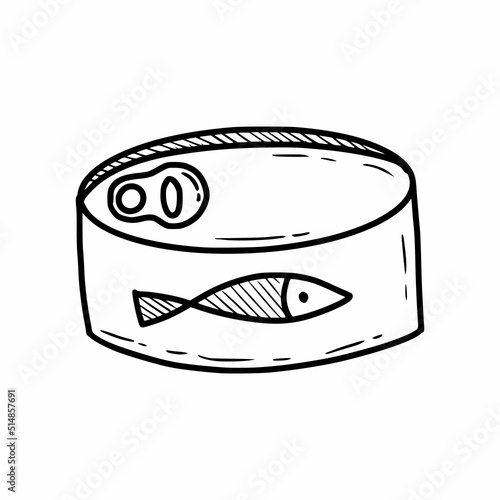 Tin can with fish. Vector doodle illustration. Sketch.