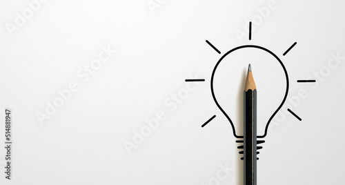 Black colour pencil with outline light bulb and word idea on white paper background. Creativity inspiration ideas concept